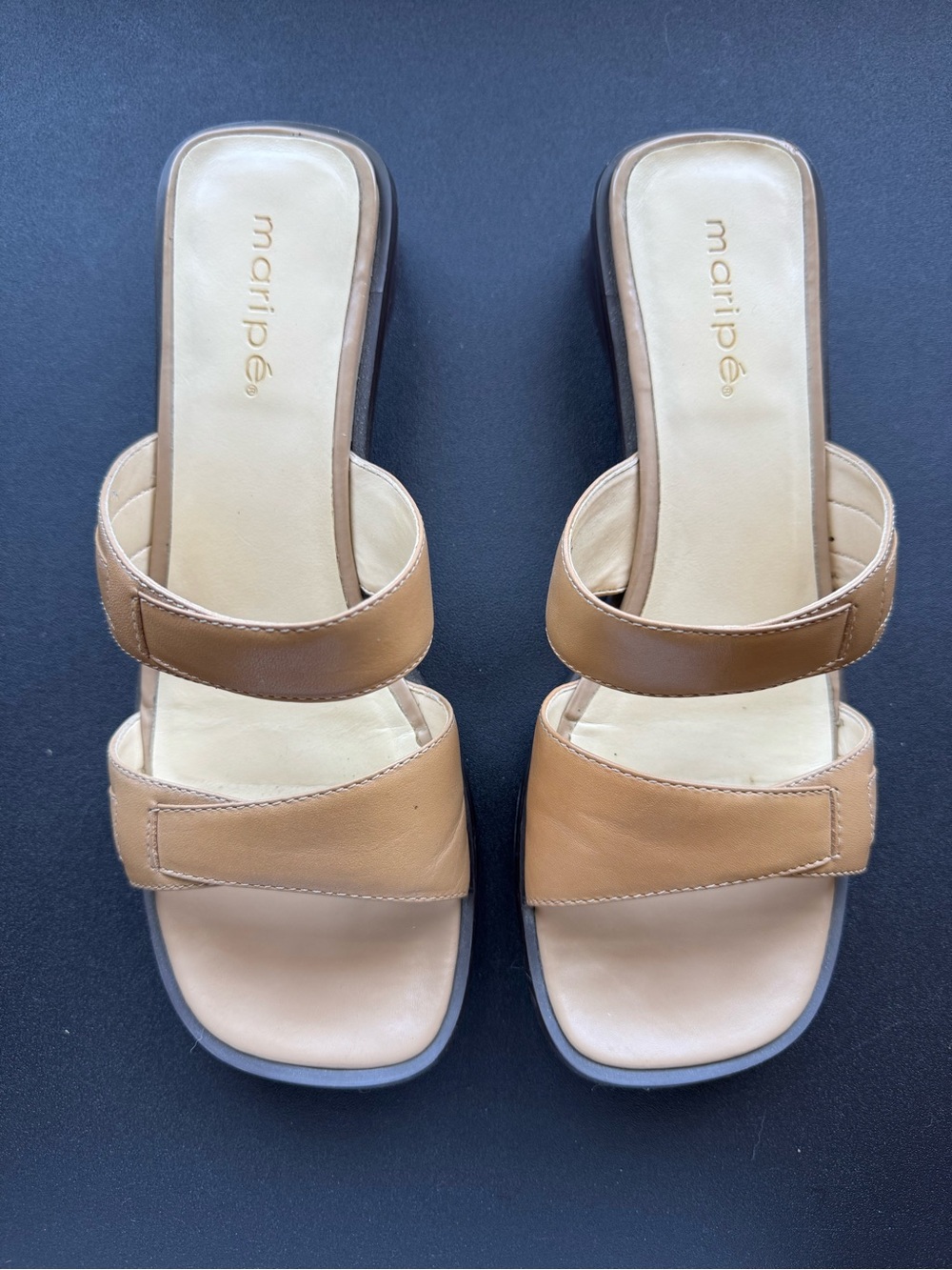 Maripe Tan Double-Strap Leather Slide Sandals